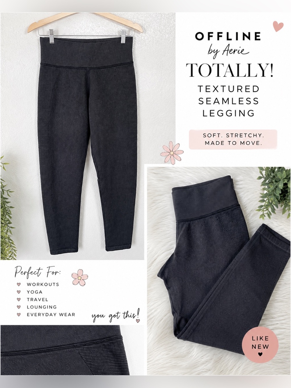 OFFLINE By Aerie Totally! Textured Seamless Leggings Charcoal Black XL